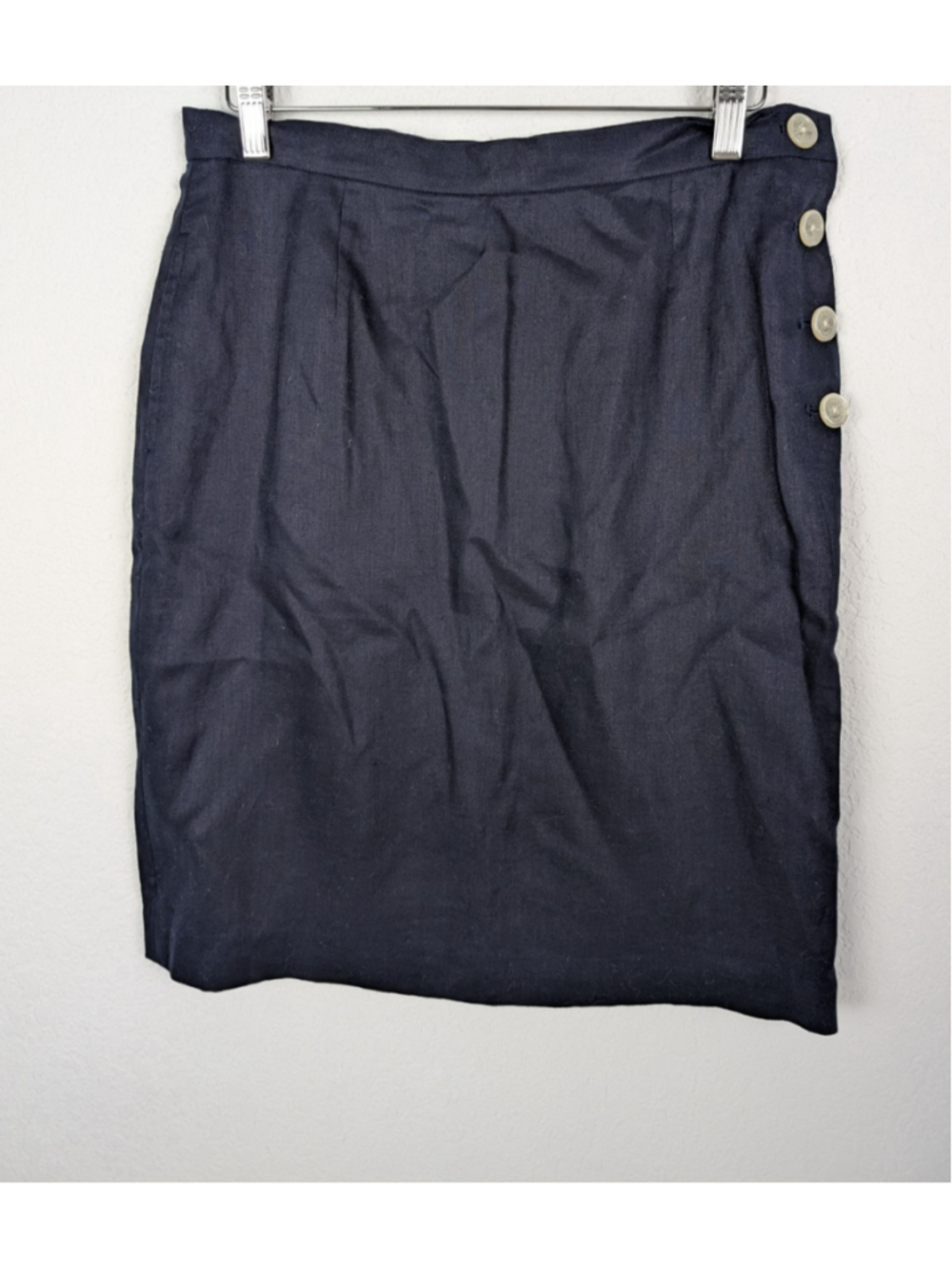 Vintage Lauren Ralph Lauren Linen Pencil Skirt Buttons Navy 8P Classic Capsule